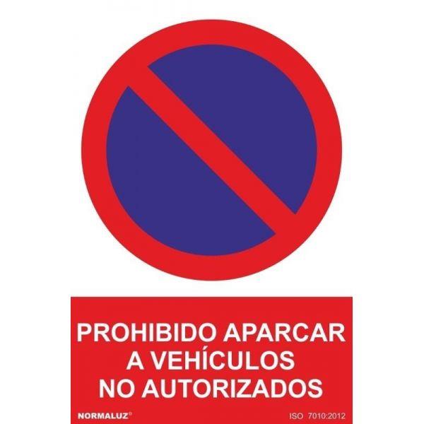 SEÑAL PROHIBICION CASTELLANO ADHESIVO 210X300 MM-APARACAR VEHICULOS NO AUTORIZADOS